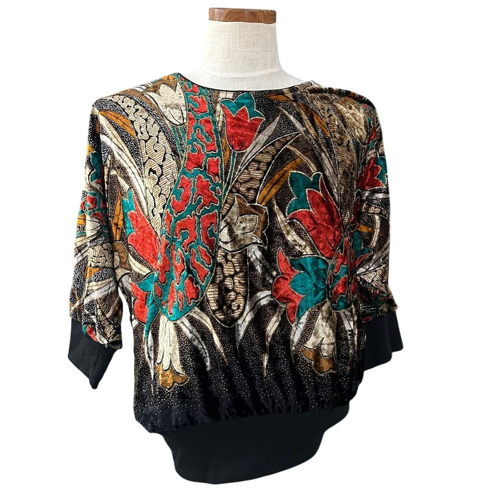 Vintage 80s Western Connection Velvet Metallic Floral Batwing Top M Rayon Retro